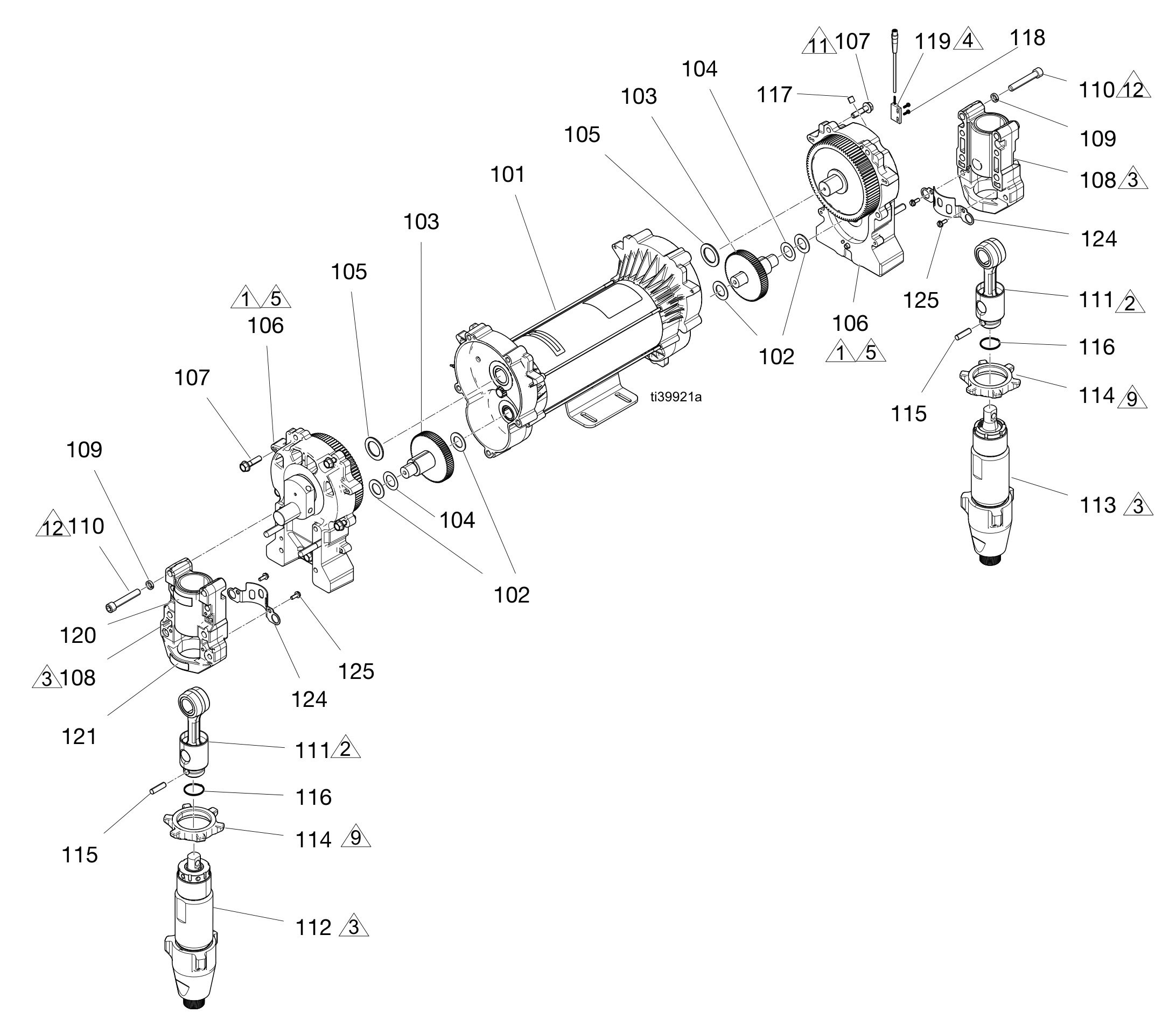 Graco Reactor 3 E-20 Motor, gearbox and the two drivers parts diagram