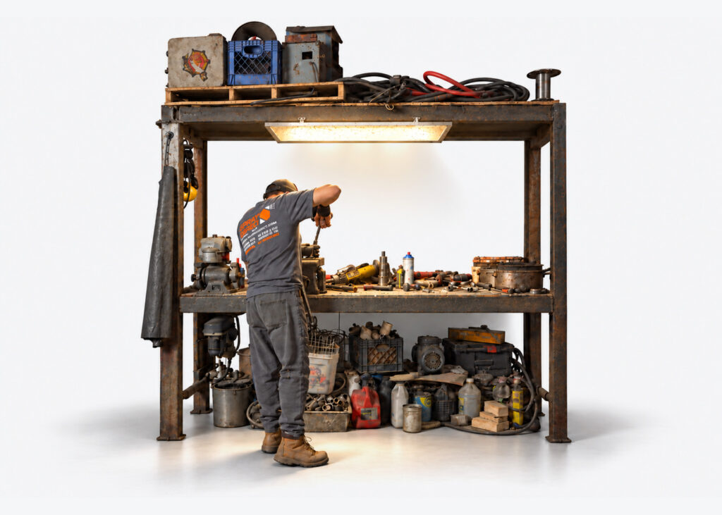 Spray Market technician working at a parts and tools workbench
