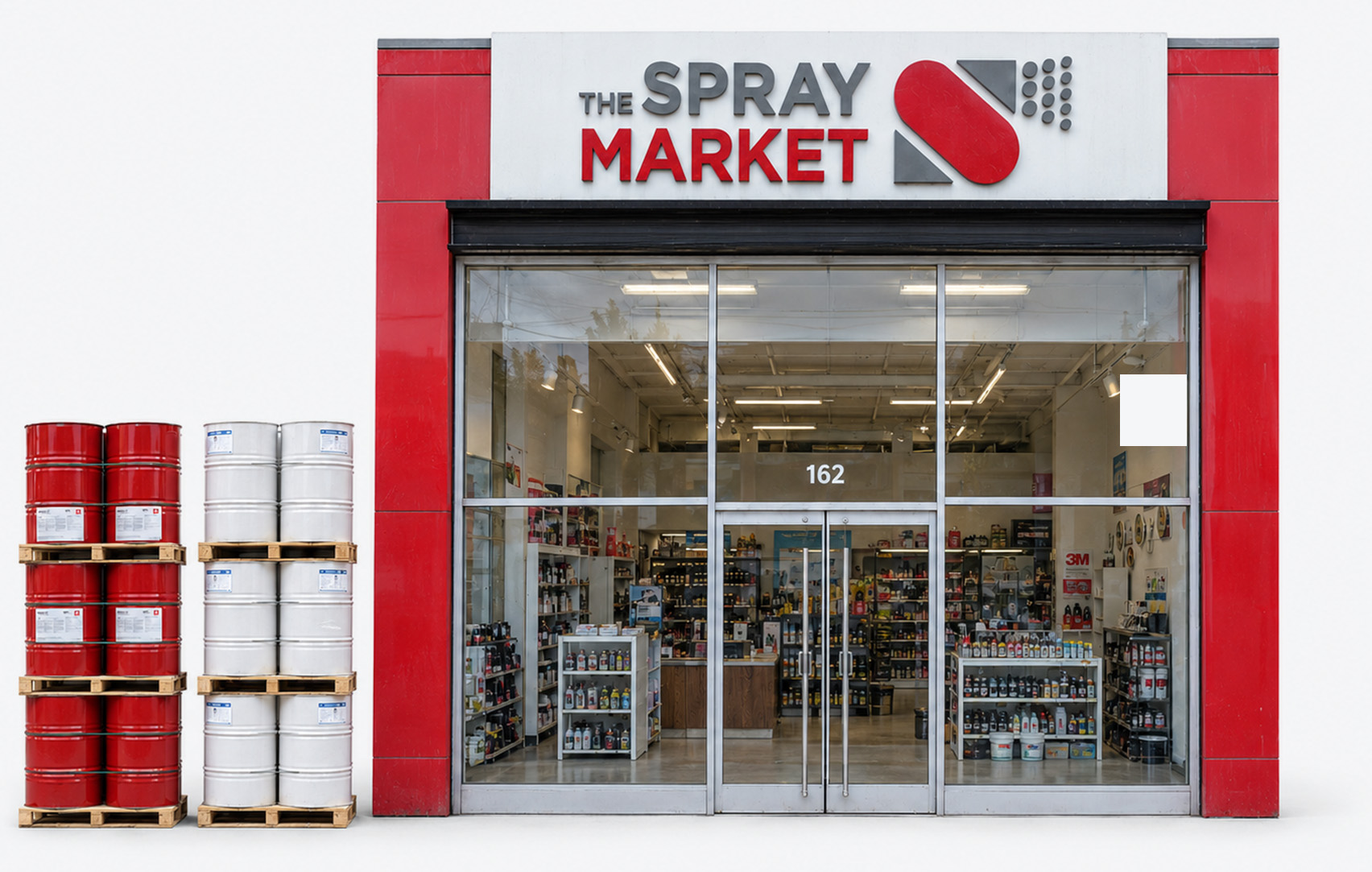 The Spray Market storefront exterior with drums
