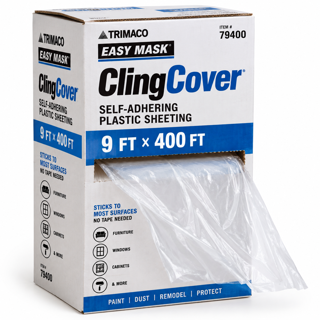 Trimaco Easy Mask ClingCover Self-Adhering Plastic Sheeting 9ft x 400ft box, item 79400