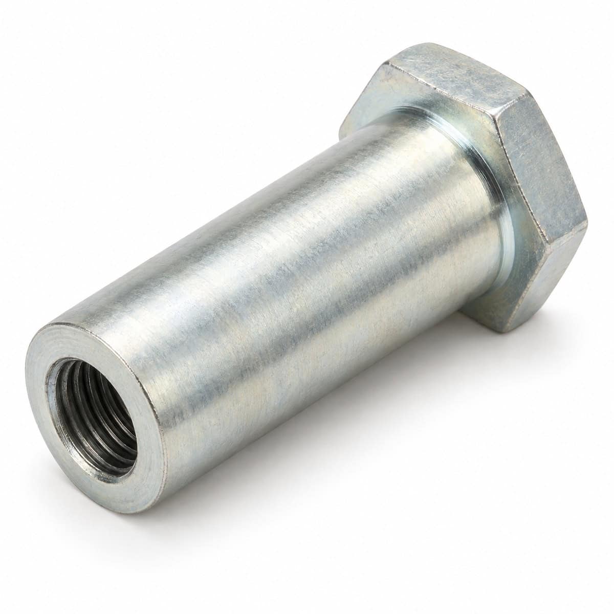 Metal bushing with threaded interior for industrial machinery.