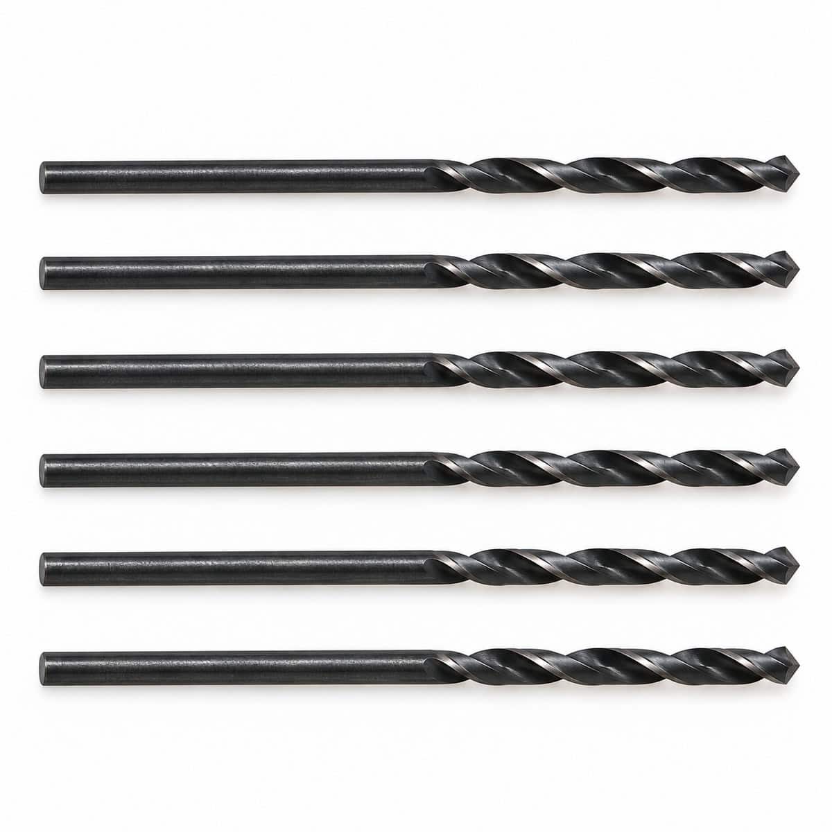 Set of six black drill bits for repair and construction projects.
