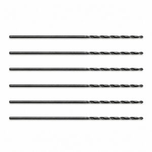 Six black drill bits arranged horizontally for repair or drilling tasks.