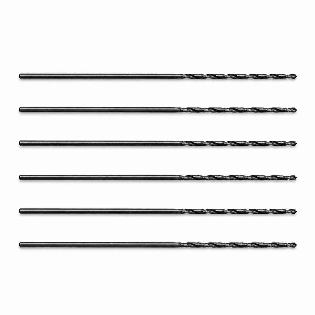 Six black drill bits arranged horizontally for repair or drilling tasks.