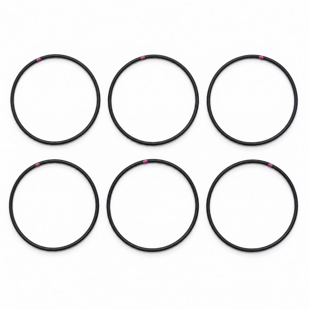 Six black O-rings with pink markings for spray gun repair or maintenance.