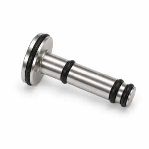 Metal piston dosing component with O-rings for sprayer maintenance.