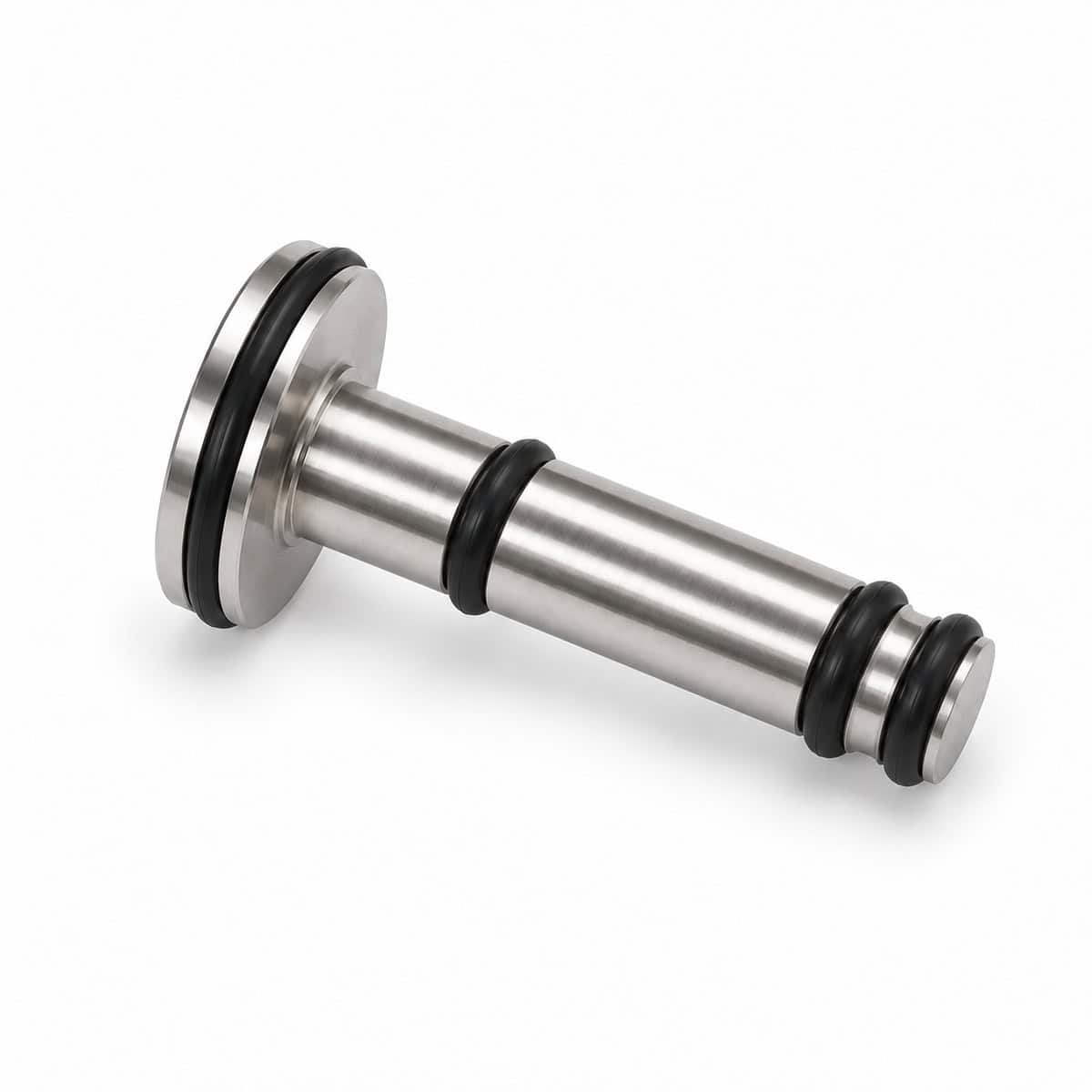 Metal piston dosing component with O-rings for sprayer maintenance.