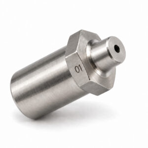 Close-up of a stainless steel Graco insert mix chamber kit part.