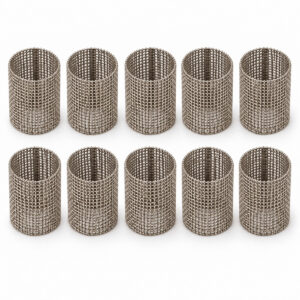 Set of 10 stainless steel mesh filters for spray equipment.
