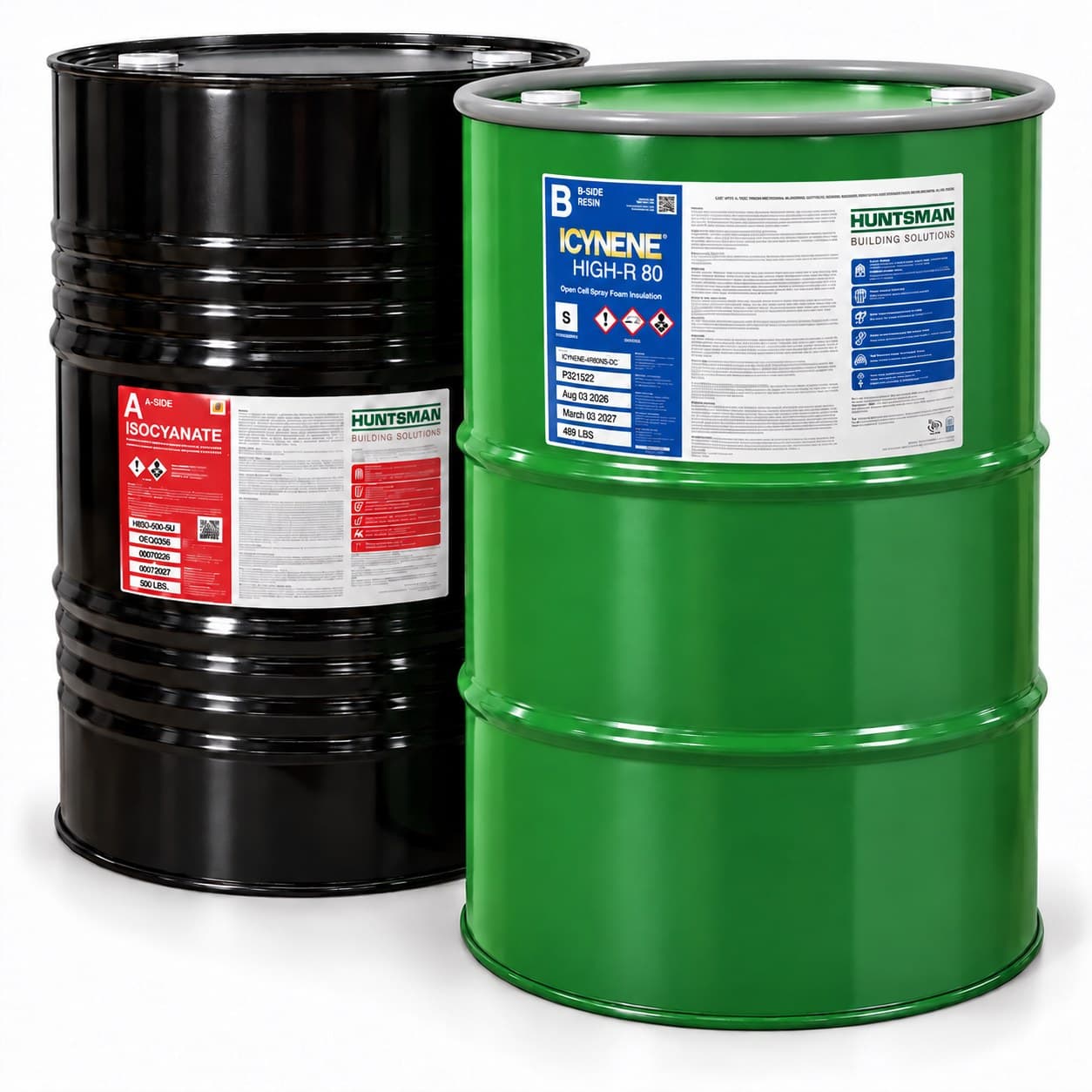 Huntsman open-cell spray foam A-side and B-side drums