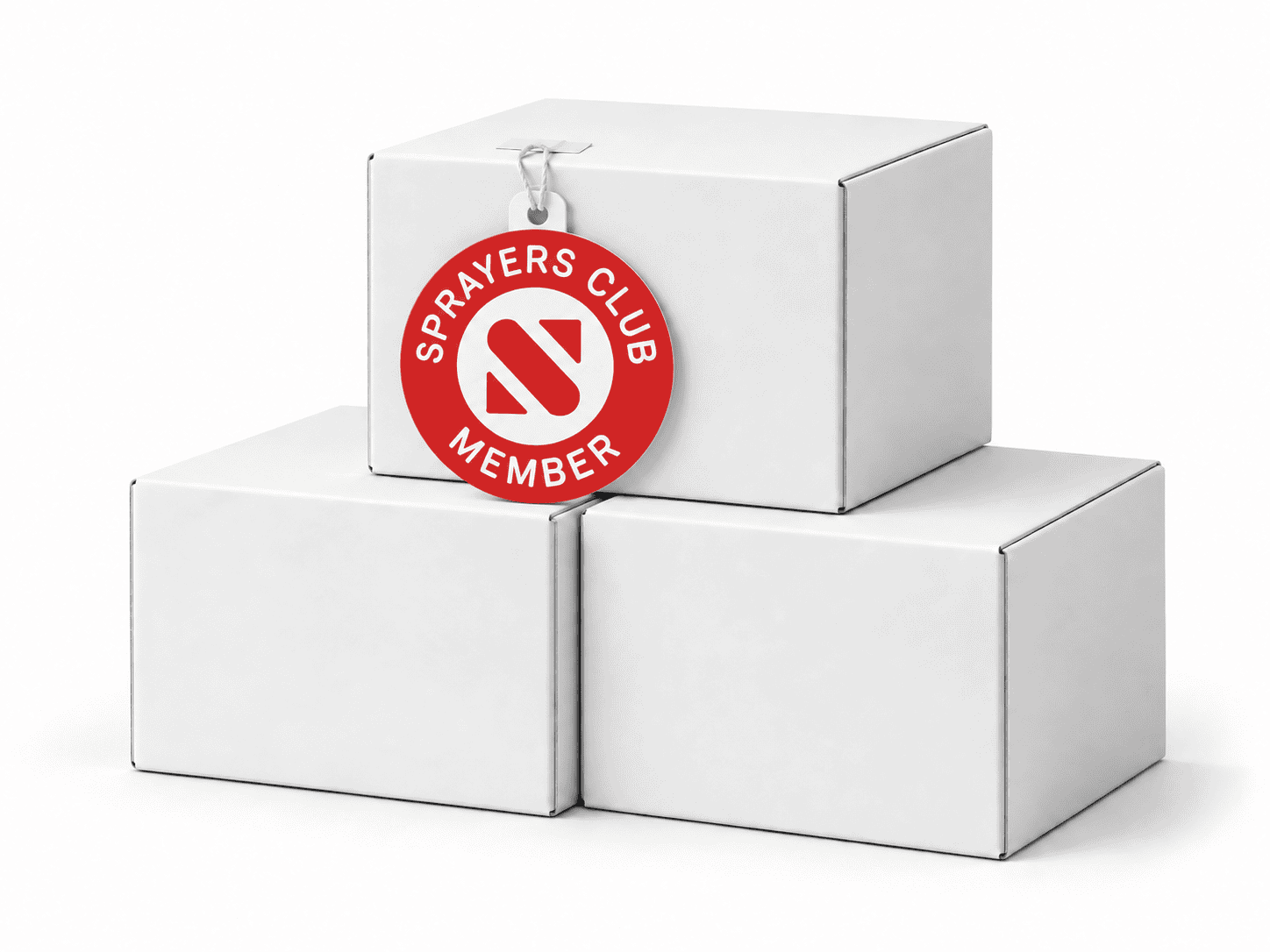Three white spray product boxes with Sprayers Club Member tag.