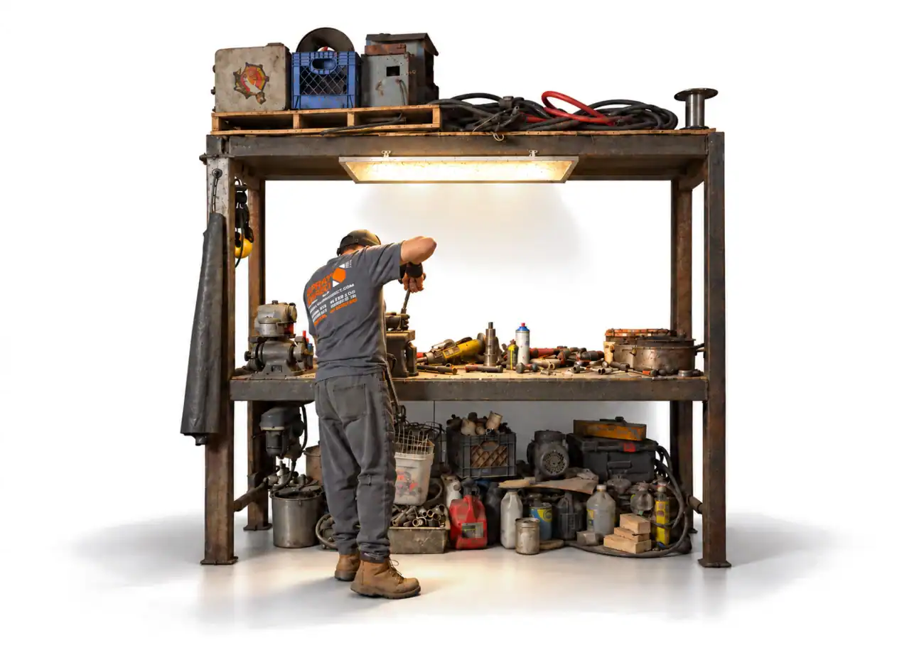 Technician rebuilding equipment at a repair bench