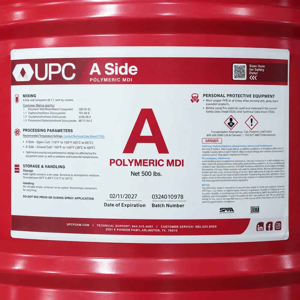 Red container of UPC Polymeric MDI with safety labels and handling instructions.
