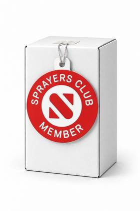 Sprayers Club member badge hanging on a white box.